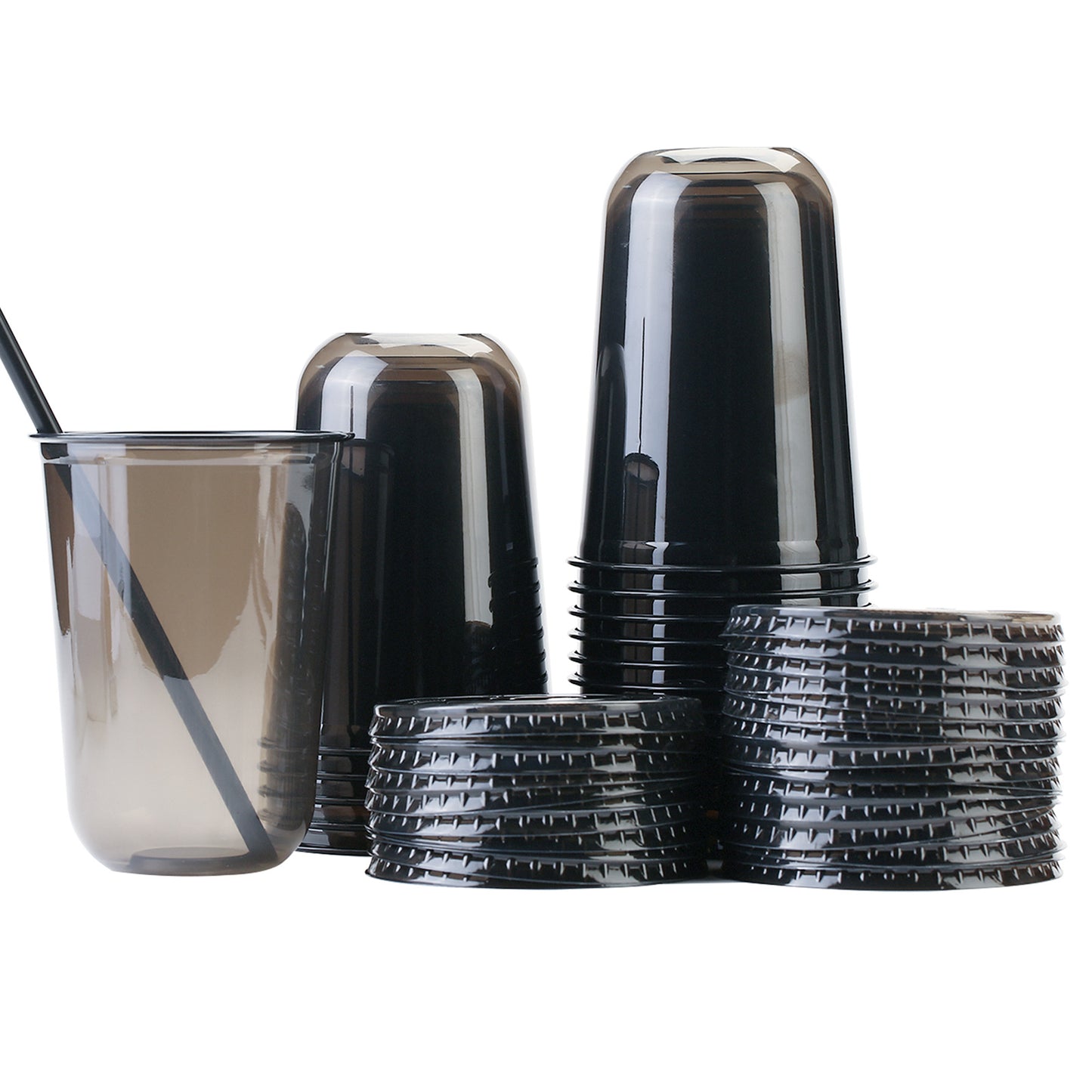 Black Plastic Cups with Lids and Straws 16oz [20 pack] Disposable Black Plastic Cup