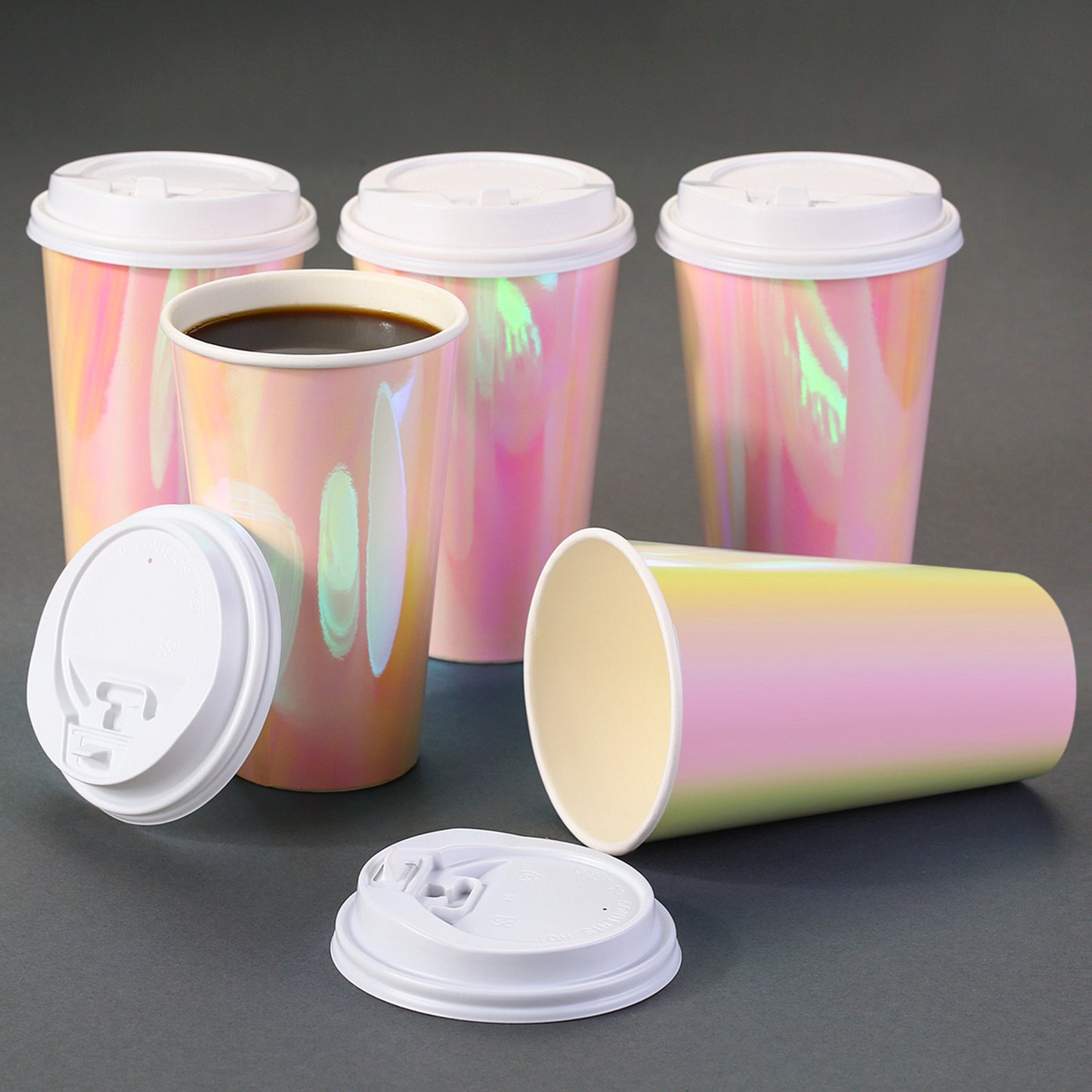 Pink Paper Cups 16oz [20 pack] Disposable Iridescent Party Cups with Lids