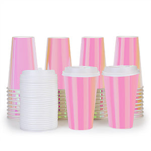 Pink Paper Cups 16oz [20 pack] Disposable Iridescent Party Cups with Lids