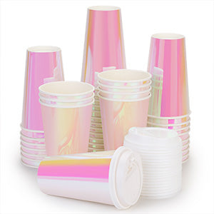 Pink Paper Cups 16oz [20 pack] Disposable Iridescent Party Cups with Lids