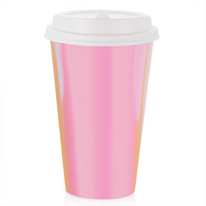 Pink Paper Cups 16oz [20 pack] Disposable Iridescent Party Cups with Lids