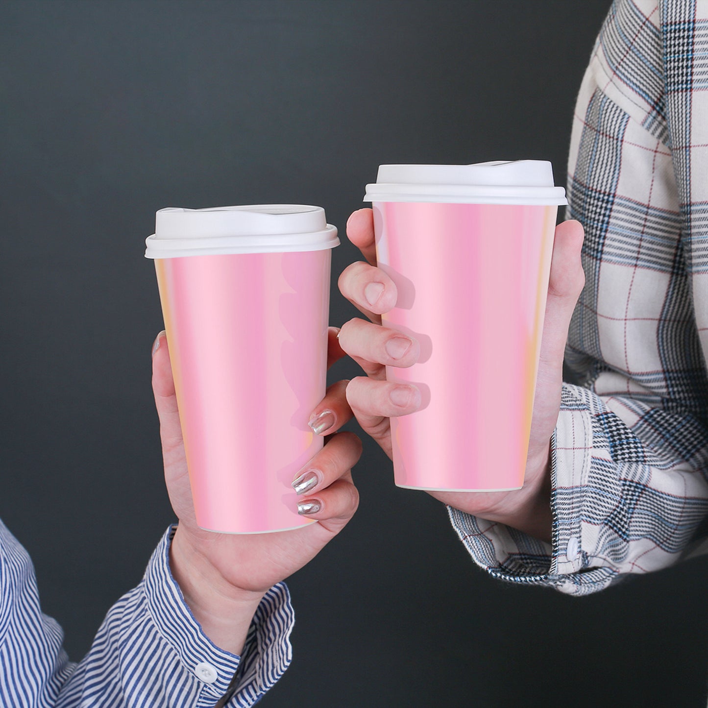 Pink Paper Cups 16oz [20 pack] Disposable Iridescent Party Cups with Lids