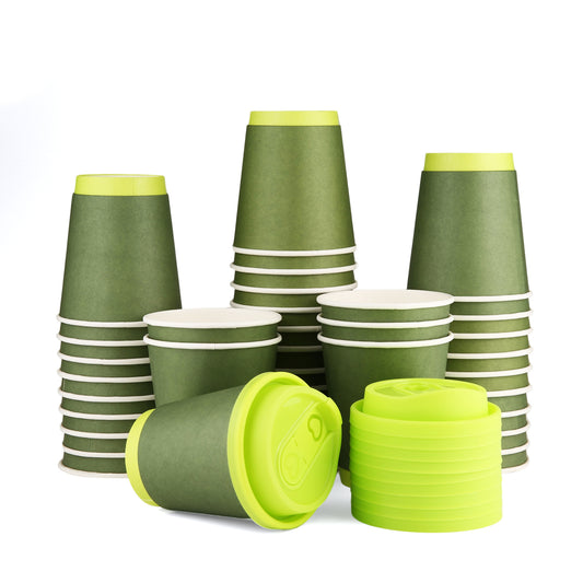 Disposable Paper Cups 10oz [20 Pack] Avocado Green Coffee Cups with Lids